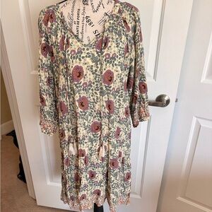 Natalie Martin Cream Midi Dress with Mauve Floral Print Large EC FINAL PRICE